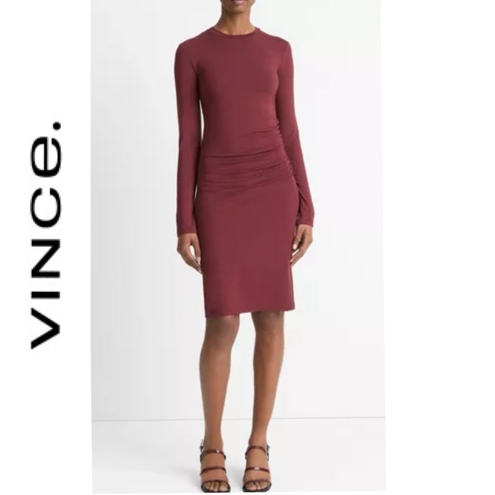 Vince minimalist bodycon fitted dress, long slv maroon burgundy, stretchy, L